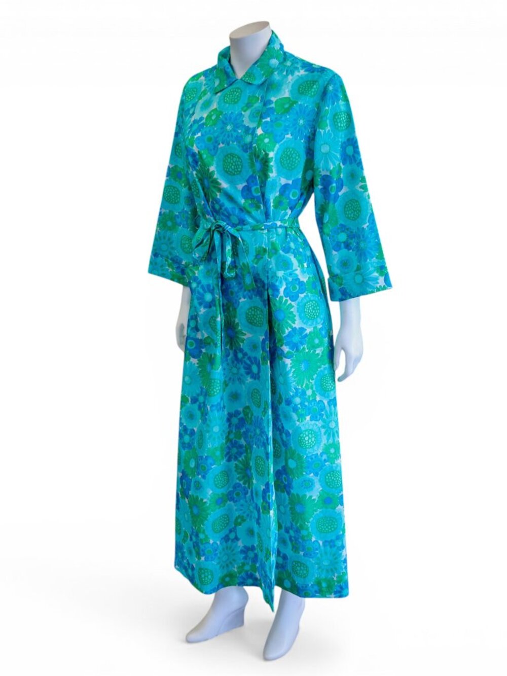 Vintage 1960s Blue & Green Floral Robe / Wrap Dress * Medium
